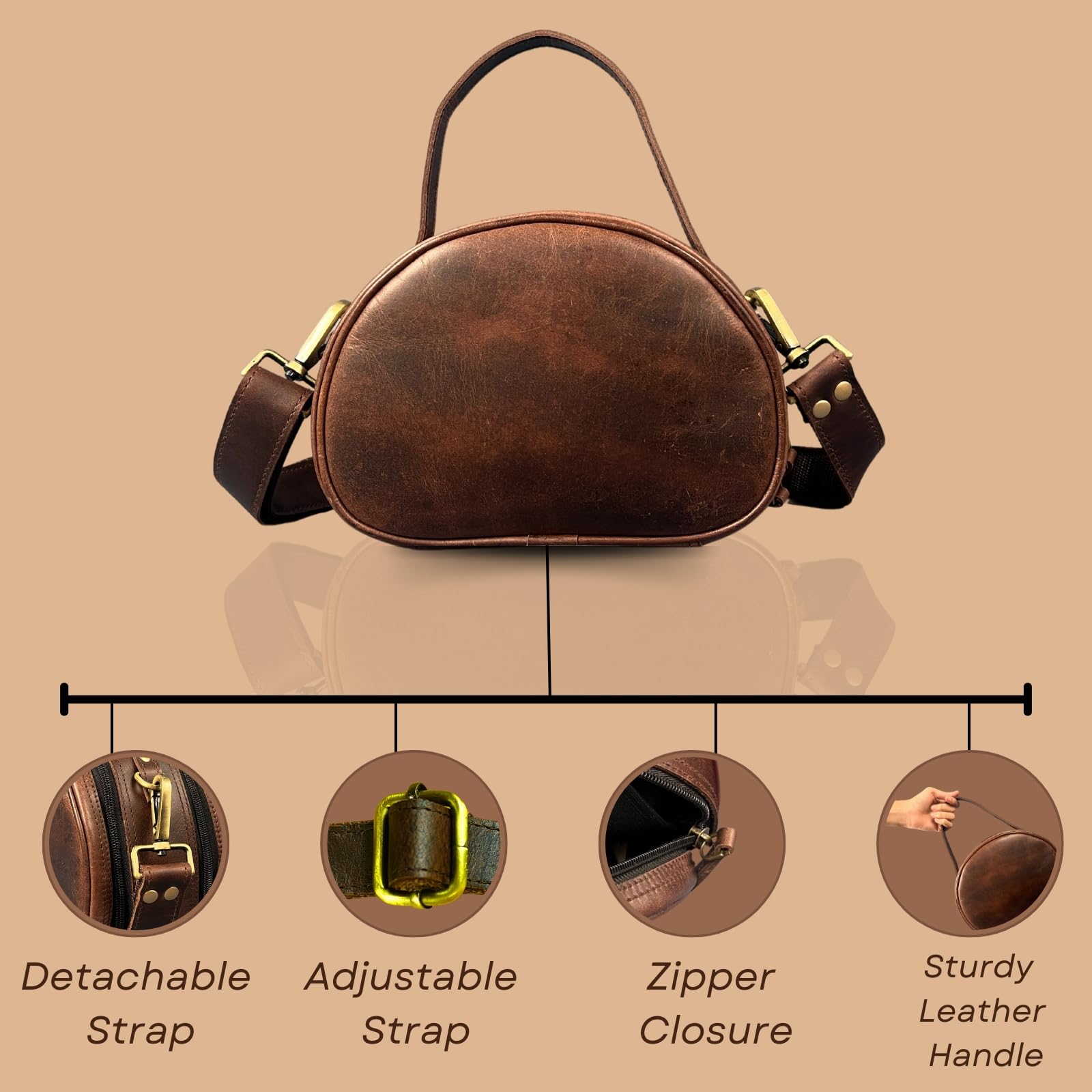 Madosh, Genuine Leather Brown Small Semi-Circle Shoulder Crossbody Bag with Top Handle Satchel Handbag for women.